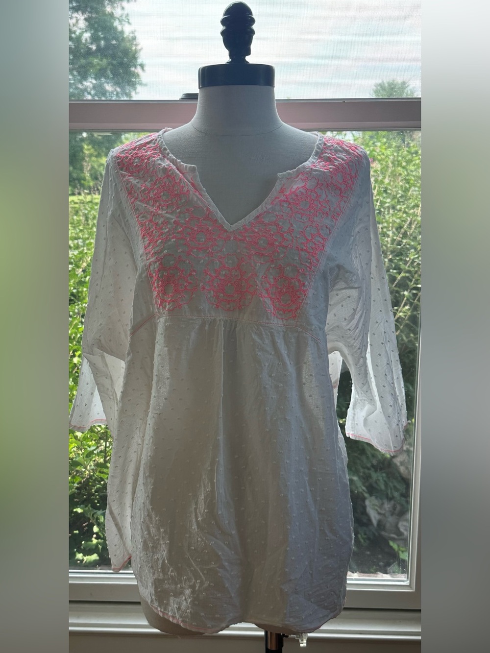 Boden Swiss Dot Blouse, White with‎ Pink Embroidery Shirt
